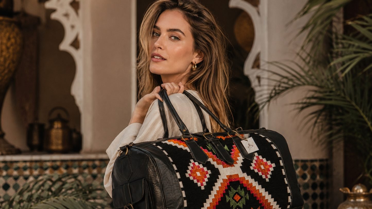 A woman carrying a black full-grain leather weekender bag with a hand-woven kilim panel, in a Marrakech riad courtyard